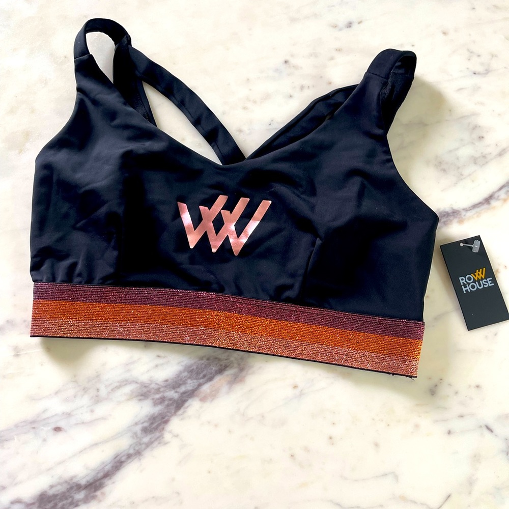 ROWHOUSE Black Sports Bra with Striped Glitter Detail Size M